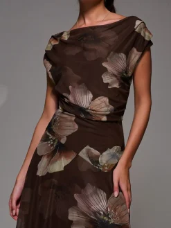 Jolie Moi Mesh Asymmetrical Draped Maxi Dress Light Brown Discount