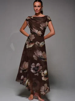 Jolie Moi Mesh Asymmetrical Draped Maxi Dress Light Brown Discount