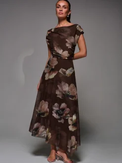 Jolie Moi Mesh Asymmetrical Draped Maxi Dress Light Brown Discount