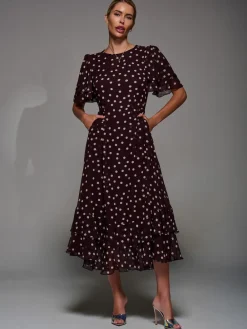 Jolie Moi Frill Detail Chiffon Midaxi Dress Maroon Red New