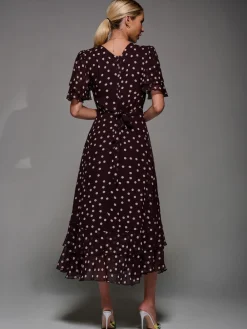 Jolie Moi Frill Detail Chiffon Midaxi Dress Maroon Red New