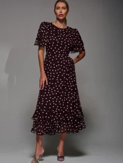 Jolie Moi Frill Detail Chiffon Midaxi Dress Maroon Red New