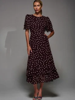 Jolie Moi Frill Detail Chiffon Midaxi Dress Maroon Red New