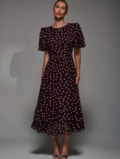 Jolie Moi Frill Detail Chiffon Midaxi Dress Maroon Red New