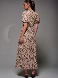 Jolie Moi Puffy Sleeve Printed Mesh Maxi Dress Natural Sale