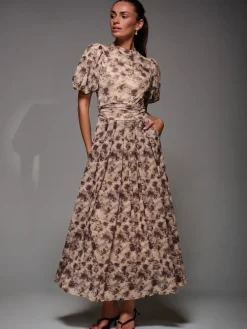 Jolie Moi Puffy Sleeve Printed Mesh Maxi Dress Natural Sale