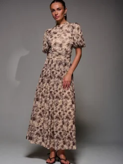 Jolie Moi Puffy Sleeve Printed Mesh Maxi Dress Natural Sale