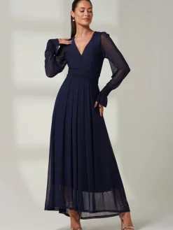 Jolie Moi Navy Blue Greta Long Sleeve Mesh Maxi Dress