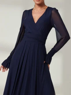 Jolie Moi Navy Blue Greta Long Sleeve Mesh Maxi Dress