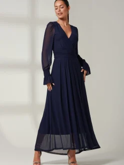 Jolie Moi Navy Blue Greta Long Sleeve Mesh Maxi Dress