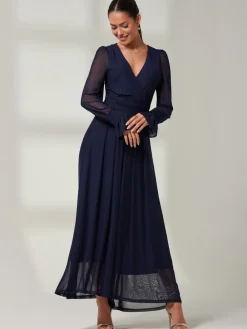 Jolie Moi Navy Blue Greta Long Sleeve Mesh Maxi Dress