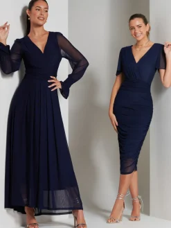 Jolie Moi Navy Blue Greta Long Sleeve Mesh Maxi Dress