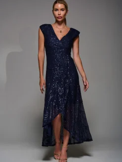 Jolie Moi Navy Blue Sequin Asymmetric Ruffle Hem Maxi Dress