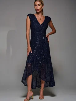 Jolie Moi Navy Blue Sequin Asymmetric Ruffle Hem Maxi Dress