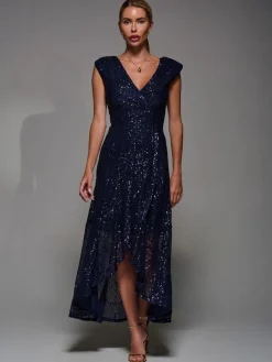Jolie Moi Navy Blue Sequin Asymmetric Ruffle Hem Maxi Dress