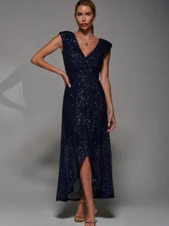 Jolie Moi Navy Blue Sequin Asymmetric Ruffle Hem Maxi Dress