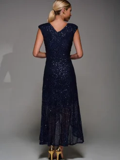 Jolie Moi Navy Blue Sequin Asymmetric Ruffle Hem Maxi Dress