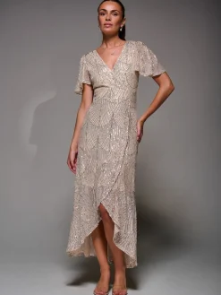 Jolie Moi Nude Sequin Angel Sleeve Ruffle Hem Maxi Dress Sale