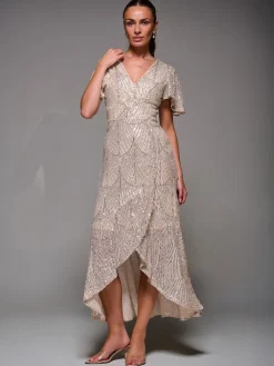Jolie Moi Nude Sequin Angel Sleeve Ruffle Hem Maxi Dress Sale