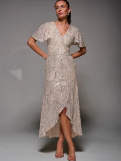 Jolie Moi Nude Sequin Angel Sleeve Ruffle Hem Maxi Dress Sale