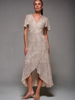 Jolie Moi Nude Sequin Angel Sleeve Ruffle Hem Maxi Dress Sale