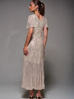 Jolie Moi Nude Sequin Angel Sleeve Ruffle Hem Maxi Dress Sale