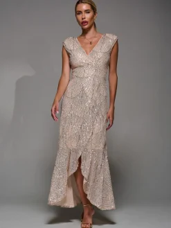 Jolie Moi Nude Sequin Asymmetric Ruffle Hem Maxi Dress Online