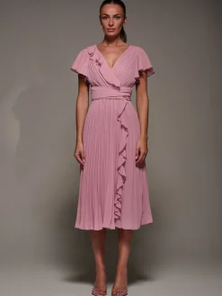 Jolie Moi Pink Chiffon Pleated Ruffle Midi Dress
