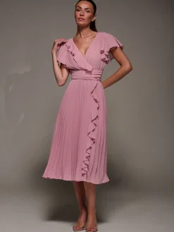 Jolie Moi Pink Chiffon Pleated Ruffle Midi Dress