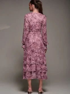 Jolie Moi Long Sleeve Frill Detail Mesh Maxi Dress Pink Hot