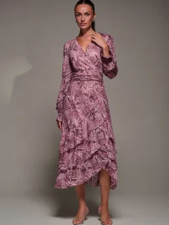 Jolie Moi Long Sleeve Frill Detail Mesh Maxi Dress Pink Hot