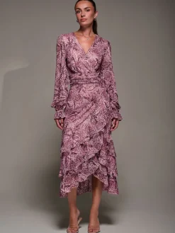 Jolie Moi Long Sleeve Frill Detail Mesh Maxi Dress Pink Hot