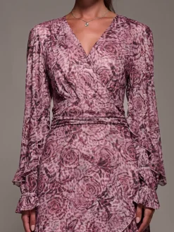 Jolie Moi Long Sleeve Frill Detail Mesh Maxi Dress Pink Hot