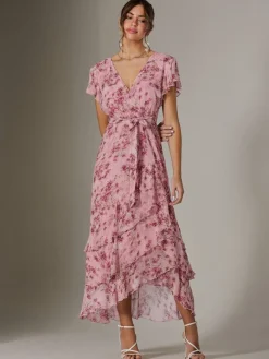 Jolie Moi Printed Wrap Ruffle Maxi Dress Pink Hot