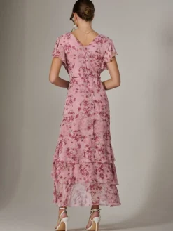 Jolie Moi Printed Wrap Ruffle Maxi Dress Pink Hot