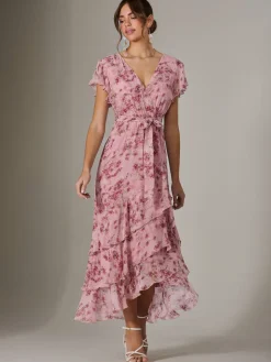 Jolie Moi Printed Wrap Ruffle Maxi Dress Pink Hot