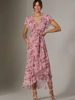 Jolie Moi Printed Wrap Ruffle Maxi Dress Pink Hot