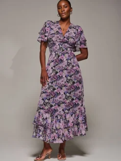 Jolie Moi Purple Chiffon Layered Sleeve Ruffle Dress Outlet