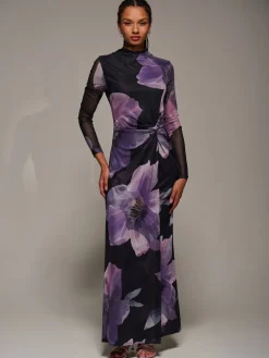 Jolie Moi High Neck Long Sleeve Mesh Maxi Dress Purple Clearance