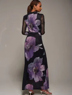 Jolie Moi High Neck Long Sleeve Mesh Maxi Dress Purple Clearance