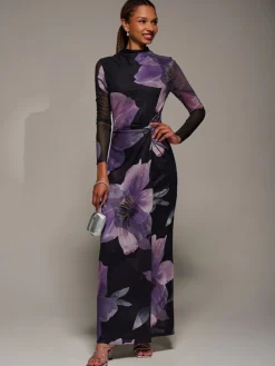Jolie Moi High Neck Long Sleeve Mesh Maxi Dress Purple Clearance