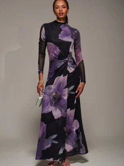 Jolie Moi High Neck Long Sleeve Mesh Maxi Dress Purple Clearance