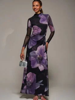 Jolie Moi High Neck Long Sleeve Mesh Maxi Dress Purple Clearance