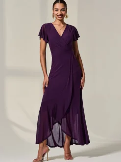 Jolie Moi Purple Plain Wrap Mesh Maxi Dress Discount