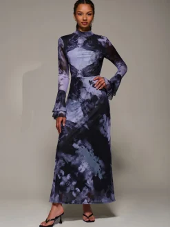 Jolie Moi Ruffle Long Sleeve Mesh Maxi Dress Purple Sale