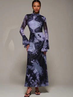 Jolie Moi Ruffle Long Sleeve Mesh Maxi Dress Purple Sale