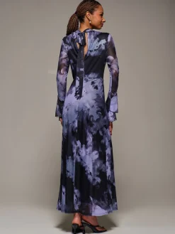 Jolie Moi Ruffle Long Sleeve Mesh Maxi Dress Purple Sale