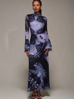 Jolie Moi Ruffle Long Sleeve Mesh Maxi Dress Purple Sale