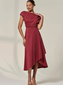Jolie Moi Asymmmetric Draped Midi Dress Red