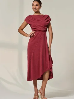 Jolie Moi Asymmmetric Draped Midi Dress Red